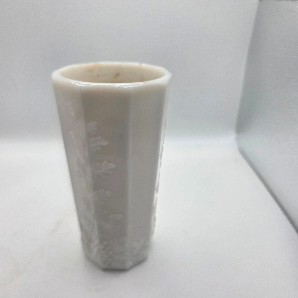 Vintage White Milk Glass Grape Leaf Paneled Octagon Bud Vase Floral Decor